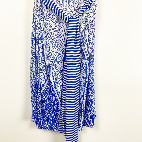 MNG by Mango Paisley Sheath Dress Blue White Knee Length With Sash Womens Size M - Picture 5 of 13